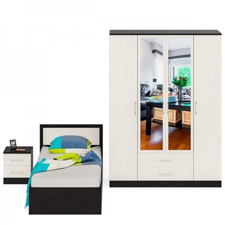 Спальный гарнитур Фиеста Кровать 900 + Тумба + Шкаф 4-х створчатый цвет венге/дуб лоредо 