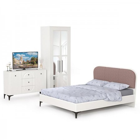 Двуспальная кровать 1600 с мягкой спинкой Валенсия с комодом и шкафом белый шагрень/ткань велутто 19 