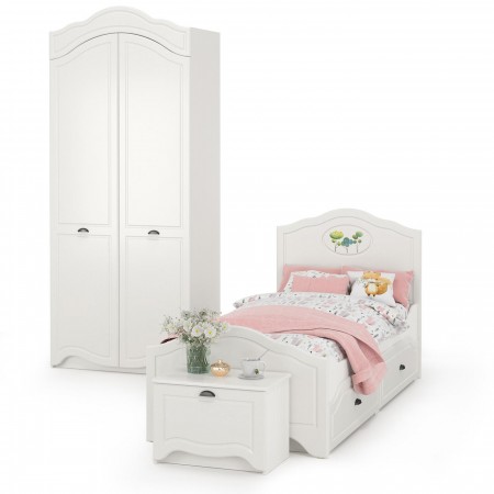 Детская кровать с ящиками Роуз со шкафом и тумбой цвет белый с тиснением поры дерева/ясень ваниль