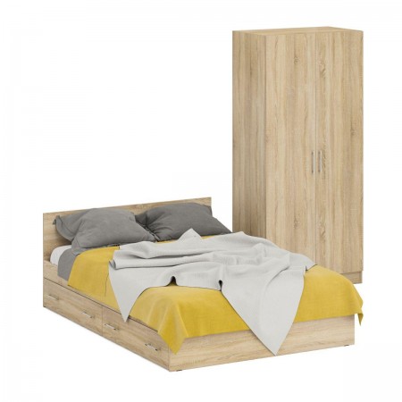 Двуспальная кровать с ящиками 1400 со шкафом для одежды 2-х створчатым Стандарт цвет дуб сонома