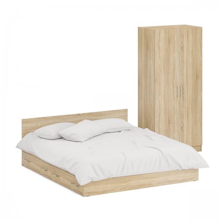 Двуспальная кровать с ящиками 1800 со шкафом для одежды 2-х створчатым Стандарт цвет дуб сонома