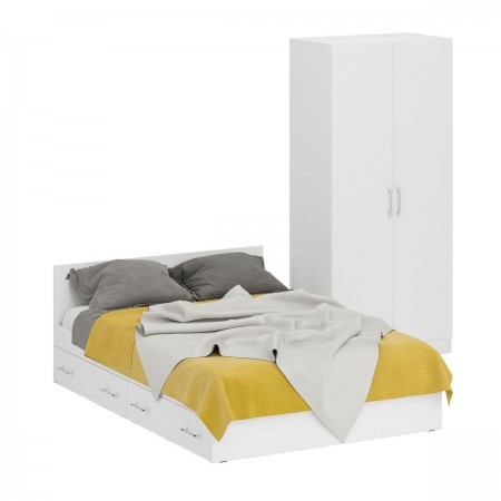 Двуспальная Кровать белая с ящиками 1400 со шкафом для одежды 2-х створчатым Стандарт цвет белый